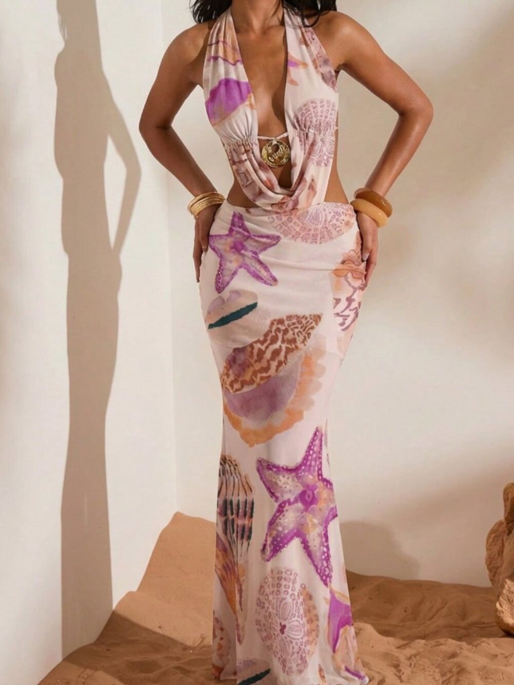 Multicolor Boho Women's Backless Dress With Ocean Life Print - Picture 4 of 6